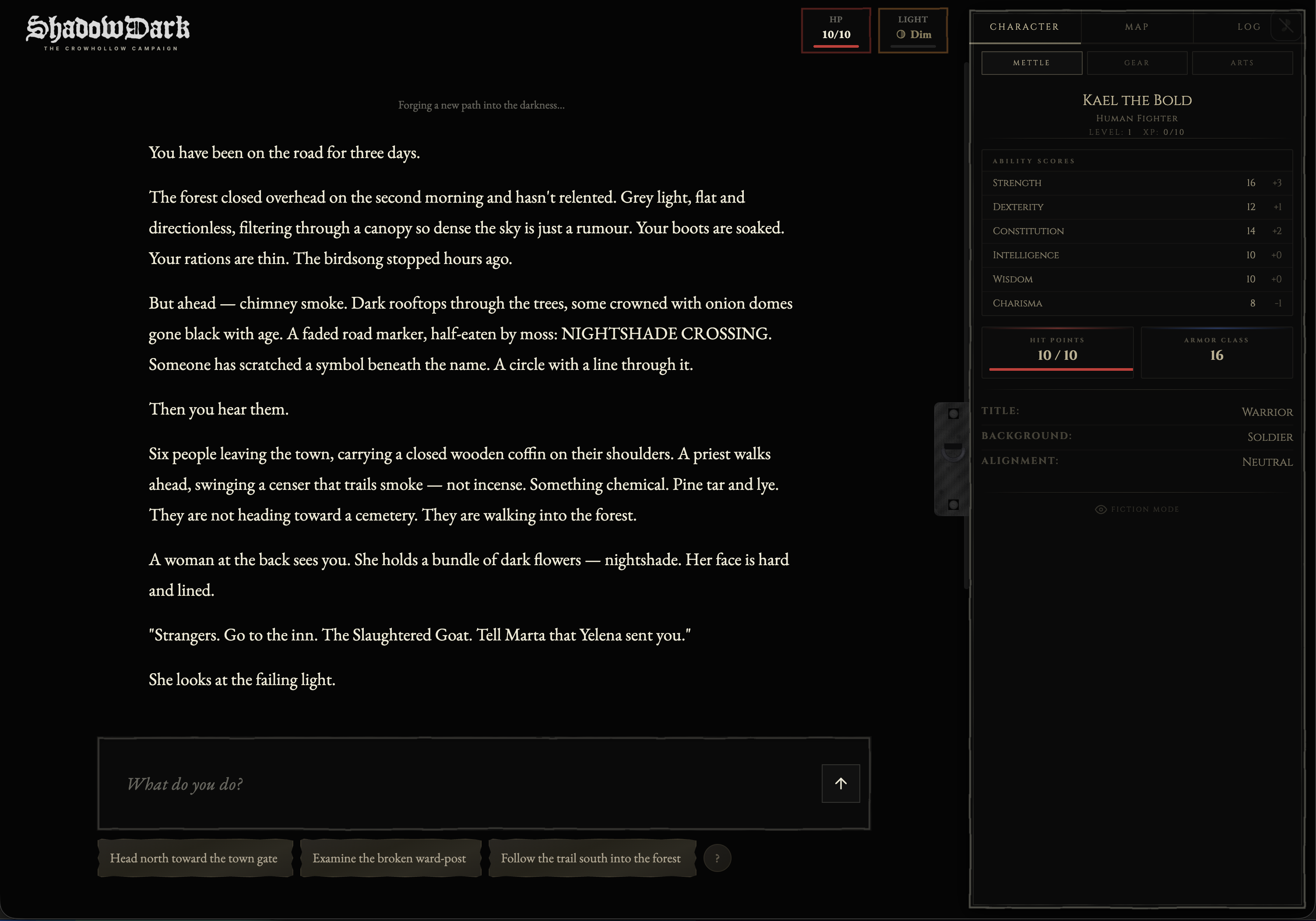 WorldWeaver gameplay showing narrative text, player actions, and character stats panel