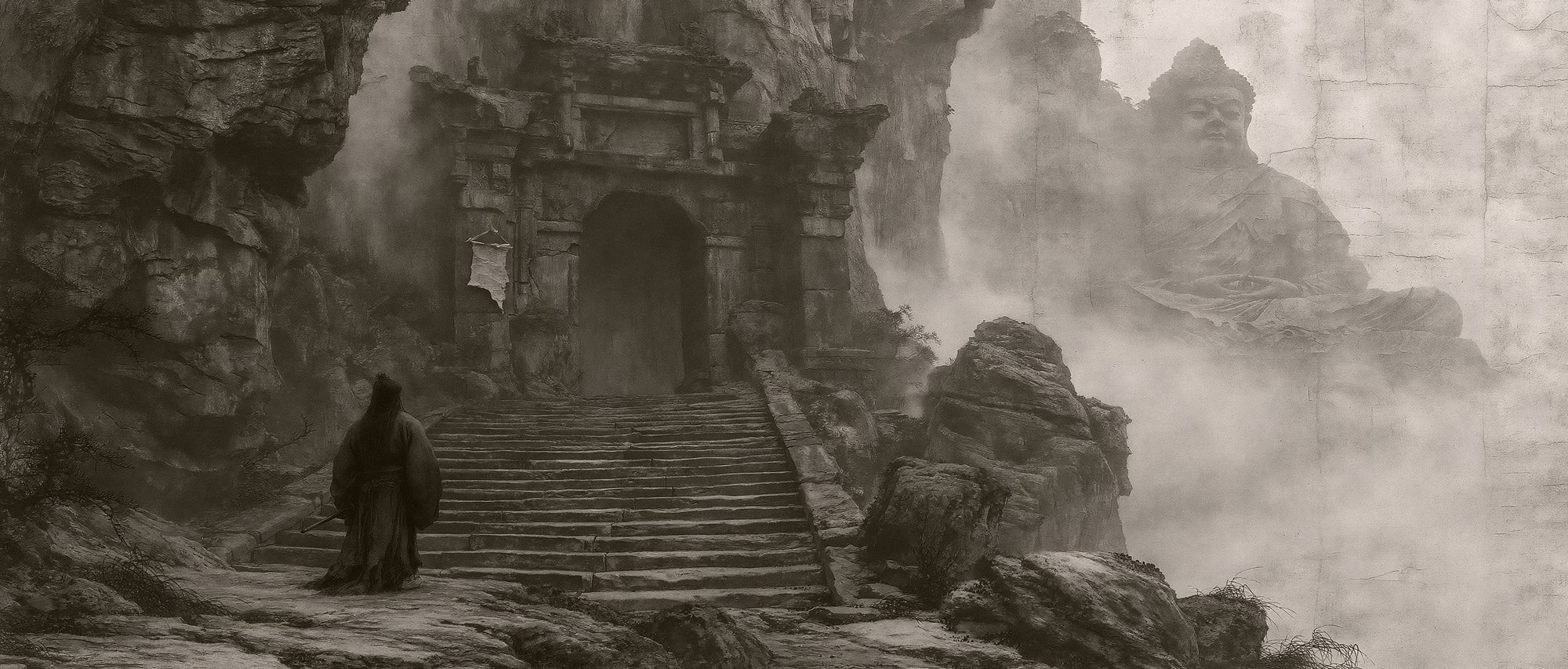 A lone robed traveler climbs toward a stone gate set into misty mountains, a colossal seated figure dissolving into the fog beyond — an ink-wash painting.
